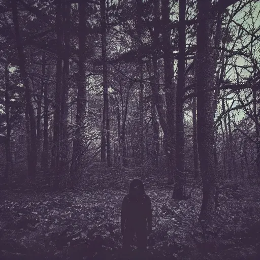 Image similar to grainy trail cam photo still of an alien in the woods at night hiding in the trees of a forest