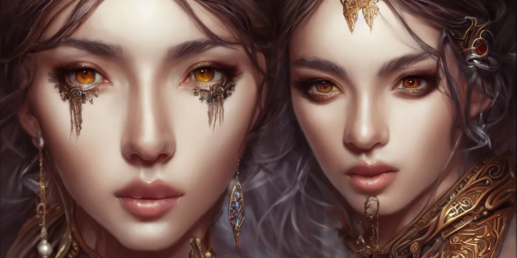 Prompt: a portrait of a female sorceress by vargas and jia ruan, beautiful detailed eyes, cute, fantasy, intricate, elegant, highly detailed, digital painting, 4 k, hdr, concept art, detailed jewelry, smooth, sharp focus, illustration, art by artgerm