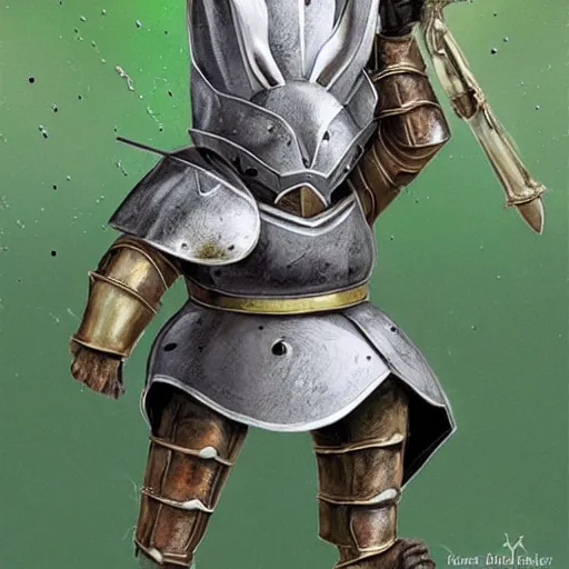 Image similar to hyper realistic bunny in shining knight armor.