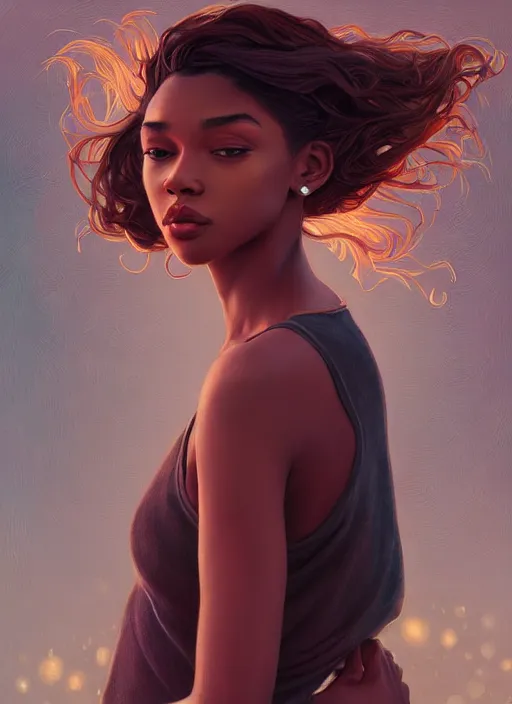 Image similar to handsome young black women with shoulder length brown hair, half body shot, path traced, highly detailed, high quality, digital painting, alena aenami, lilia alvarado, shinji aramaki, karol bak, alphonse mucha, tom bagshaw