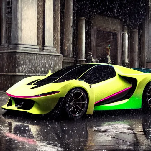 Prompt: A highly detailed, realistic photo of a neon hypercar in Rome in the rain, 8k resolution, trending on artstation