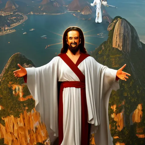 Prompt: buddy christ from dogma dressed as christ the redeemer pointing both fingers in at rio de janeiro, vied from above and behind, dynamic composition, dramatic lighting, trending on artstation, award winning art, stylized painting, ultrawide lens, aerial photography, rio de janeiro, 4 k, art by william bouguereau, alphonse mucha, greg rutkowski,