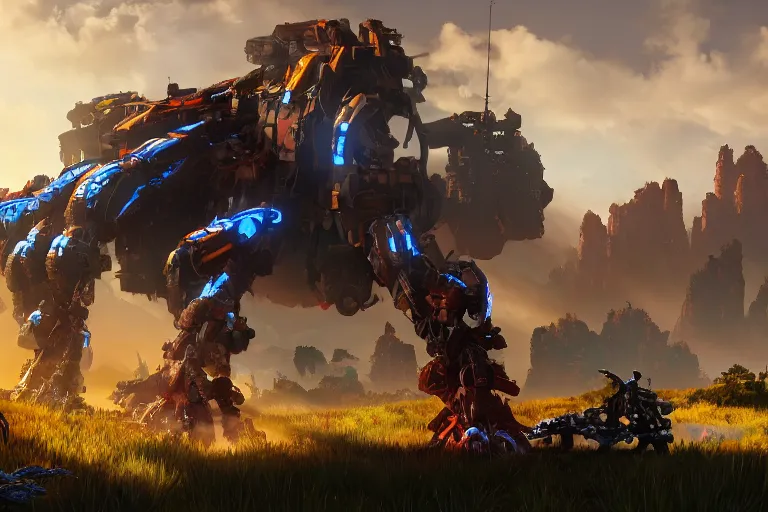 Image similar to scorcher machine mecha animal beast robot of horizon forbidden west horizon zero dawn bioluminiscence global illumination ray tracing hdr fanart arstation by sung choi and eric pfeiffer and gabriel garza and casper konefal