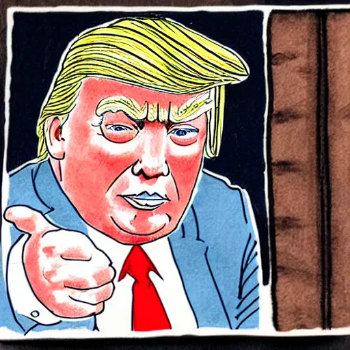 Prompt: a color ink drawing of donald trump with derp eyes being behind bars wearing a stripped pijama