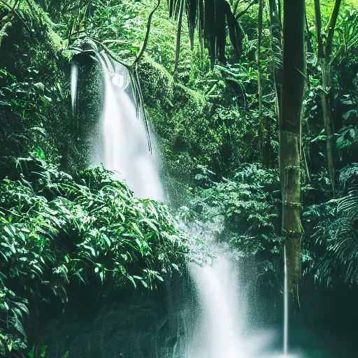 Image similar to A waterfall in the jungle, 8k, professional photography, cinematic shot, dark, smoke