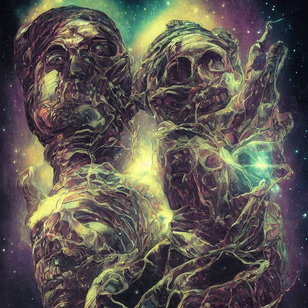 Prompt: intense glowing egyptian mummy god with ancient bandages and intense black eyes with a skull in very dark cosmic nebula by artgerm and beksinski and alphonse mucha, portrait, centered, symmetrical, clear, light beams, lens flare, intense, pharoah, uhd, amazing depth, cinematic lighting, black and purple and shining gold