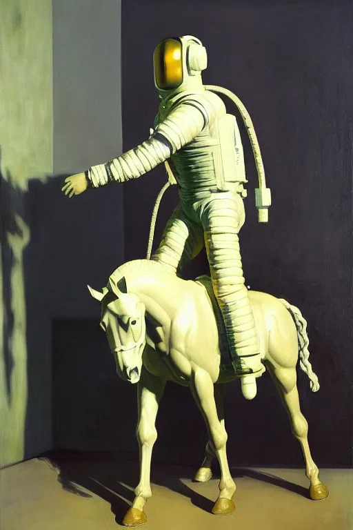 Image similar to statue of a horse in the hands of an astronaut, highly detailed painting by francis bacon, edward hopper, adrian ghenie, gerhard richter, and james jean soft light 4 k,