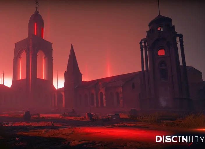 Image similar to ancient church with red shafts of light in destiny 2, foggy, liminal, dark, dystopian, beautiful architecture, abandoned, highly detailed 4 k 6 0 fps in - game destiny 2 gameplay screenshot leak