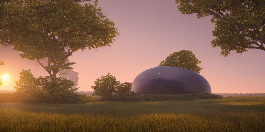 Image similar to a serene landscape with a singular building at sunrise with a giant jupiter appearing in all the sky, digital art, concept art, octane render, unreal engine 5, hyperrealistic, highly detailed, high quality, 4K, low contrast, soft lighting, path tracing, complementary colors, natural lighting, geometric