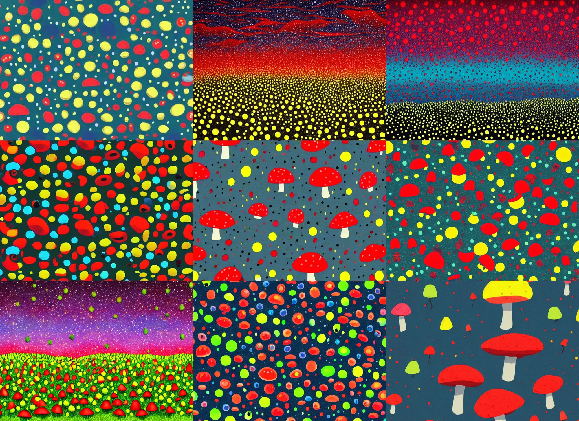 Prompt: beautiful red and blue alien mushroom forest, green sky, black ground with little yellow dots