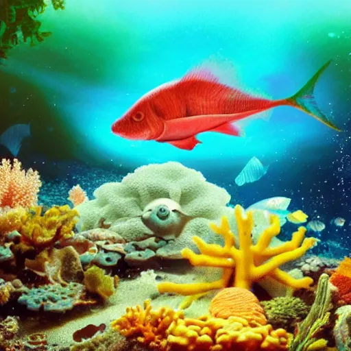 Prompt: photo of an extremely cute alien fish swimming an alien habitable underwater planet, coral reefs, dream-like atmosphere, water, plants, peaceful, serenity, calm ocean, transparent water, reefs, fish, coral, inner peace, awareness, silence, nature, evolution