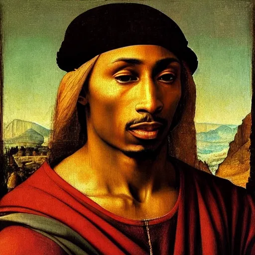 Image similar to A Renaissance portrait painting of Tupac Shakur by Giovanni Bellini and Leonardo da Vinci. Tupac