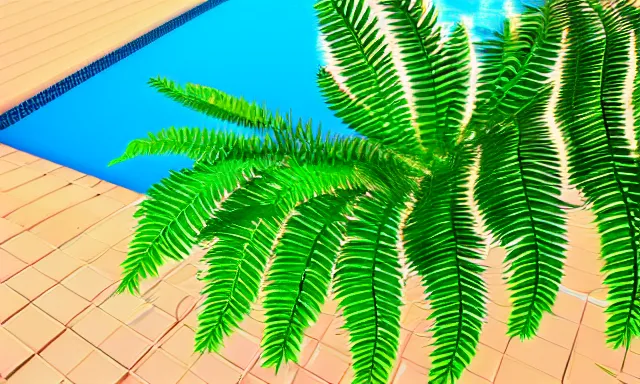 Image similar to 3d render of indoor pool with ferns and palm trees, pool tubes, chromatic abberation, depth of field, 80s photo