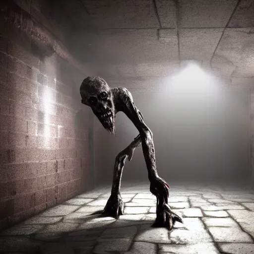 Image similar to creepy monster lurking in a dingy basement, 4 k, ultra realistic, highly detailed, epic lighting