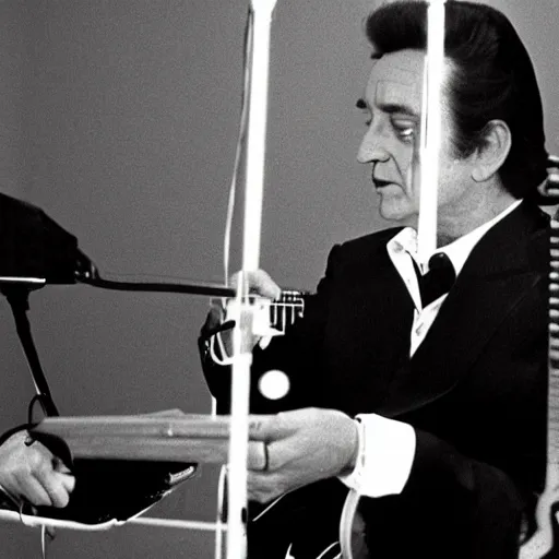 Prompt: Johnny Cash in the 1970's playing a Theremin, black and white photograph