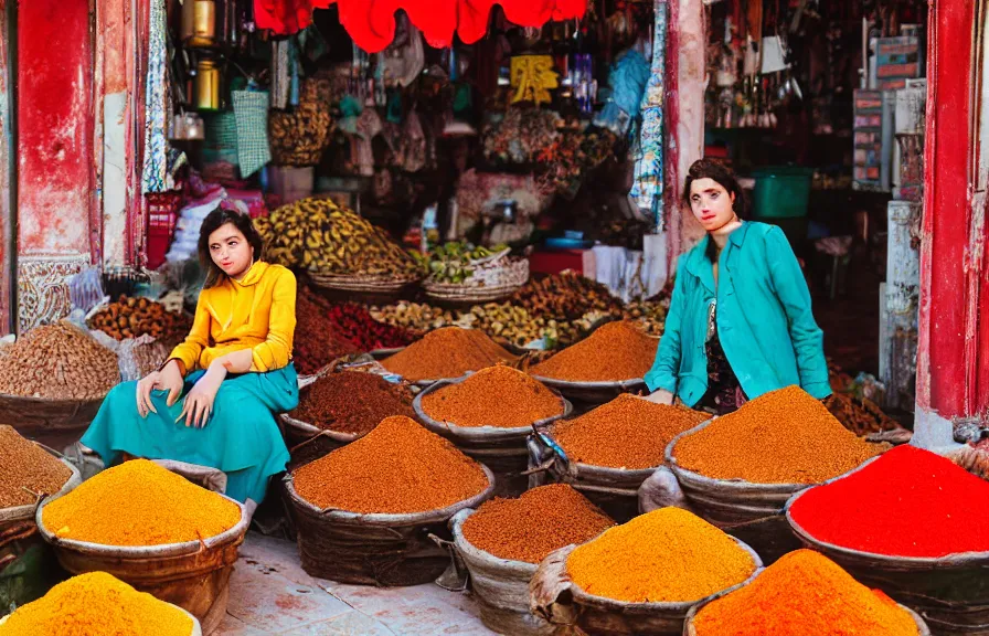 Prompt: professional photograph of lonely girl in the market in tunis, spices, warm air, vibrant colors, high contrast photograph, kodak, analog film