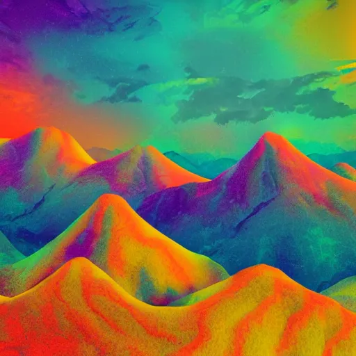 Image similar to psychedelic mountains, heatmap skies, photorealistic