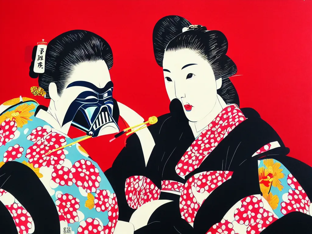 Image similar to hyperrealism composition of the detailed woman in a japanese kimono sitting at a poker table with darth vader, fireworks, picture of mountains in the background, pop - art style, jacky tsai style, andy warhol style, ukiyo e, acrylic on canvas