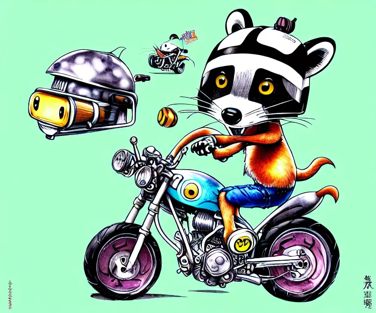 Prompt: cute and funny, racoon wearing a helmet riding on a tiny sport motorcycle with oversized engine, ratfink style by ed roth, centered award winning watercolor pen illustration, isometric illustration by chihiro iwasaki, edited by range murata