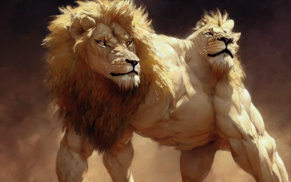 Image similar to muscular male furry albino lion young handsome male dnd, muscle, painting by gaston bussiere, craig mullins, greg rutkowski, yoji shinkawa