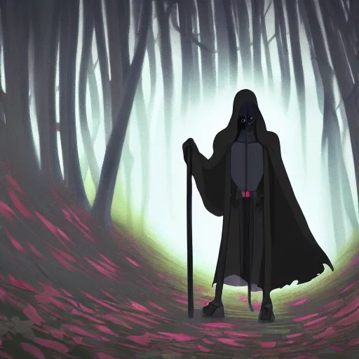 Image similar to a close shot of a grim reaper standing in a forest by studio ghibli, detailed, gloomy, digital art,