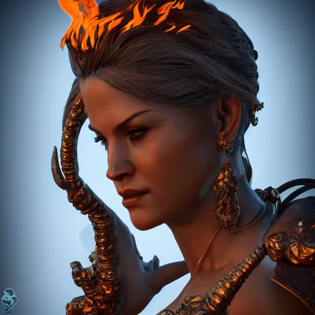 Image similar to perfectly centered close up portrait of goddess of fire, perfect human female specimen, candid photography, by anne stokes and todd mcfarlane, updo, highly detailed, unreal engine 5