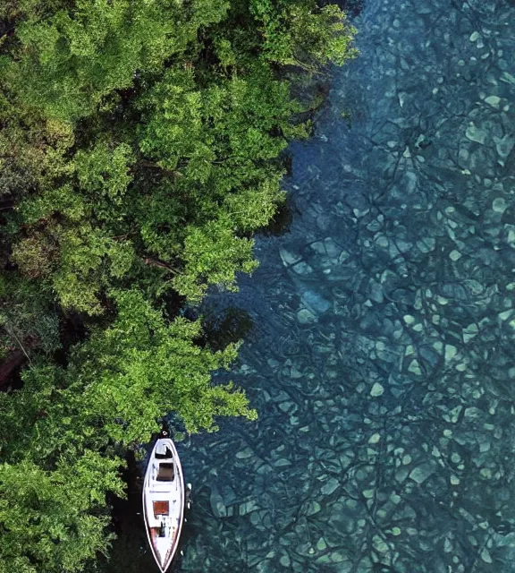 Prompt: an overhead close shot of a boat in a narrow stream, shady, ripples, reflections, trees, stream shore. By Makoto Shinkai, Stanley Artgerm Lau, WLOP, Rossdraws, James Jean, Andrei Riabovitchev, Marc Simonetti, krenz cushart, Sakimichan, trending on ArtStation, digital art.