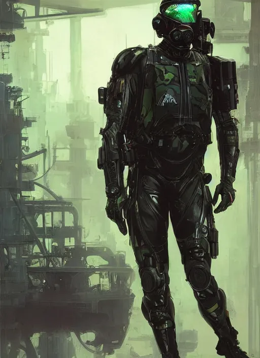 Image similar to Vernon. USN blackops operator infiltrating oil rig. Operator wearing Futuristic cyberpunk tactical wetsuit. Frogtrooper. rb6s, MGS, and splinter cell Concept art by James Gurney, greg rutkowski, and Alphonso Mucha. Vivid color scheme.