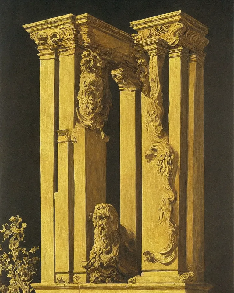 Image similar to achingly beautiful painting of intricate ancient roman corinthian capital on 2 2 k gold background by rene magritte, monet, and turner. giovanni battista piranesi.