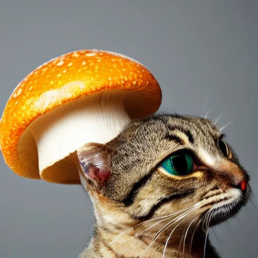 Image similar to a small domestic housecat with a golden mushroom growing atop its head