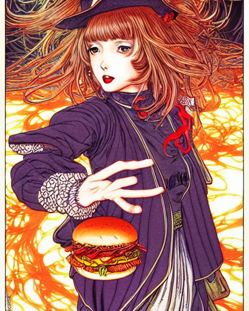 Image similar to hyper detailed illustration of a witch with a hamburger, intricate linework, lighting poster by moebius, ayami kojima, 9 0's anime, retro fantasy