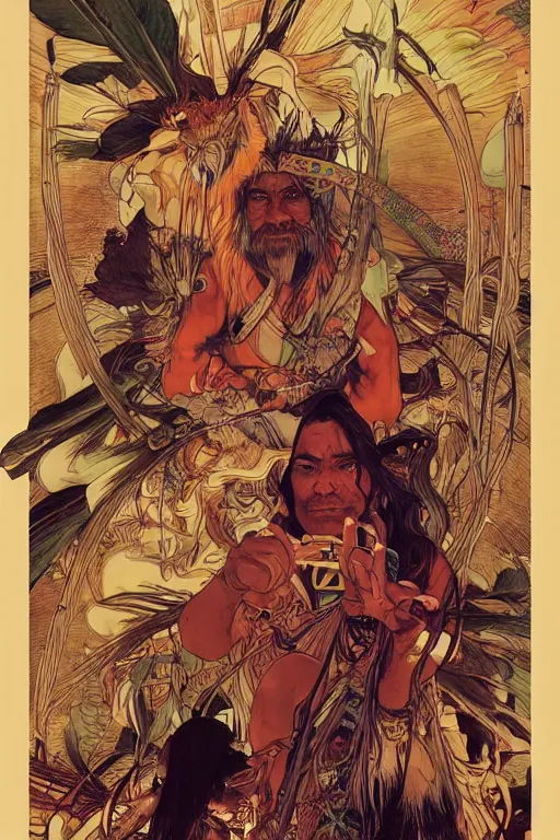 Image similar to serene scene of an apache medicine man telling stories around a fire, by artgerm and yoshitaka amano and moebius and alphonse mucha, hyperdetailed, dc comics, ornate, nebula, explosions in the sky, trending on artstation