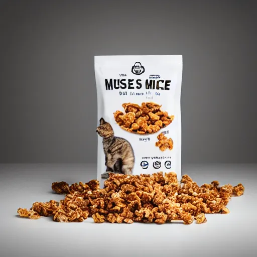 Image similar to a professional photo of a new package for Mouse Krisp Cat Snax, dramatic cinematic studio lighting