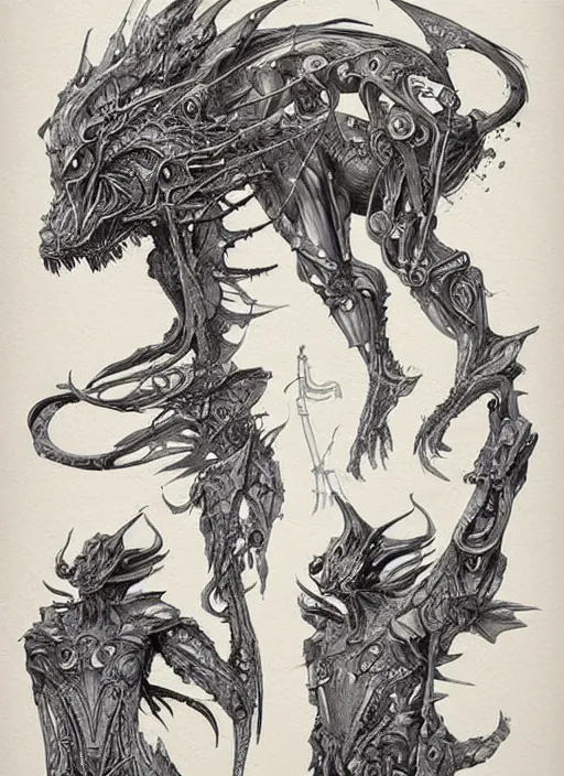 Prompt: page concept designs of extraterrestrial creature concept art, blueprint, intricate details, ink on paper, by peter mohrbacher