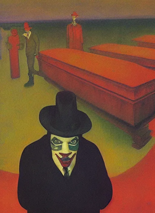 Image similar to clown at a funeral by Anton Bilibin, Edward Hopper and James Gilleard, Zdzislaw Beksinski highly detailed
