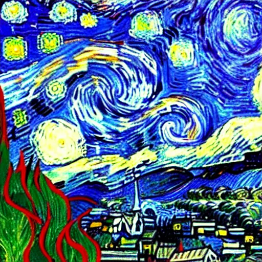 Image similar to asheville skyline in the style of starry night, by vincent van gogh