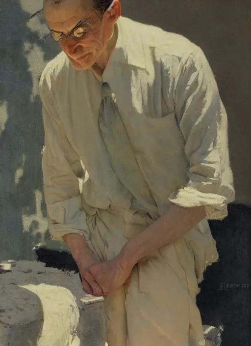 Image similar to illustration upper body and head portrait of elegant man in summer dress, by norman rockwell, roberto ferri, daniel gerhartz, edd cartier, jack kirby, howard v brown, ruan jia, tom lovell, frank r paul, jacob collins, dean cornwell, pulp 5 0 s scifi