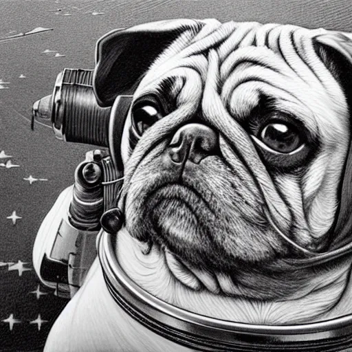 Prompt: 4 k, extra detail, pencil art, pug and astronaut like a poster by greg hildebrandt