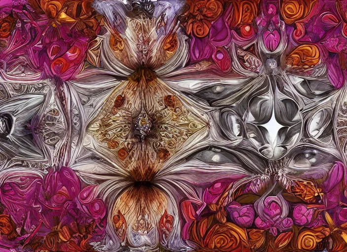 Prompt: symmetry portrait of floral, borderlands 3, psycho, intricate, elegant, highly detailed, digital painting arts