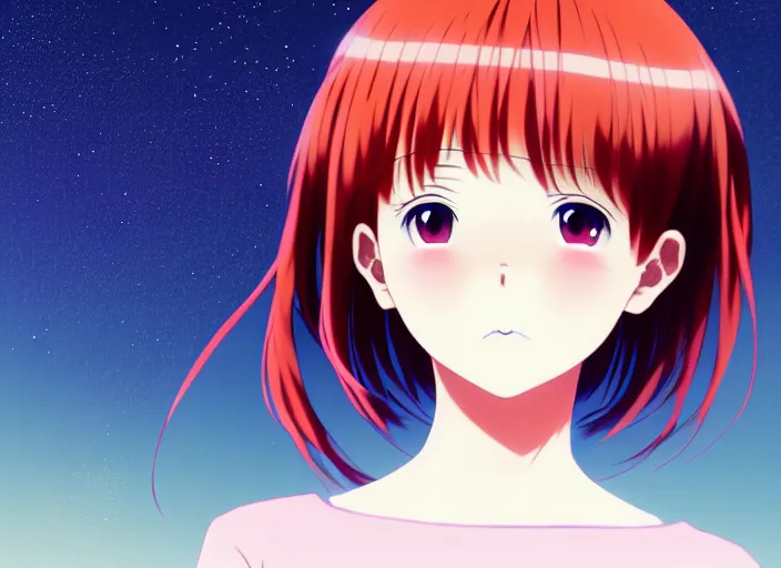 Image similar to anime visual, full body portrait a young woman with red hair looking up at the stars in the park at midnight, cute face by ilya kuvshinov, yoshinari yoh, makoto shinkai, katsura masakazu, dynamic perspective pose, detailed facial features, kyoani, rounded eyes, crisp and sharp, cel shad, anime poster, ambient light,