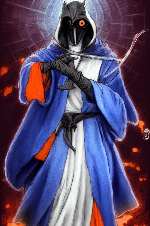 Prompt: a sketch of a plague doctor with a white plague mask and a blue wizard robe casting a orange light spell using his right hand, as a d & d character, blue robe, magical, blue and orange highlights, hip hop aesthetic, concept sheet, painting by gaston bussiere, demon slayer, akiri toriyama, dramatic lighting, professional digital art, anime