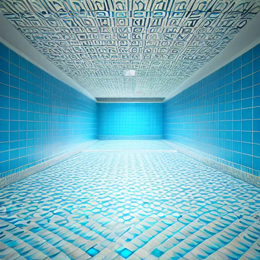 Image similar to liminal space photography, abandoned aqua park, ceramic tiles on the floor and walls, ceiling light, water, high detailed, photorealistic 4k - H 768