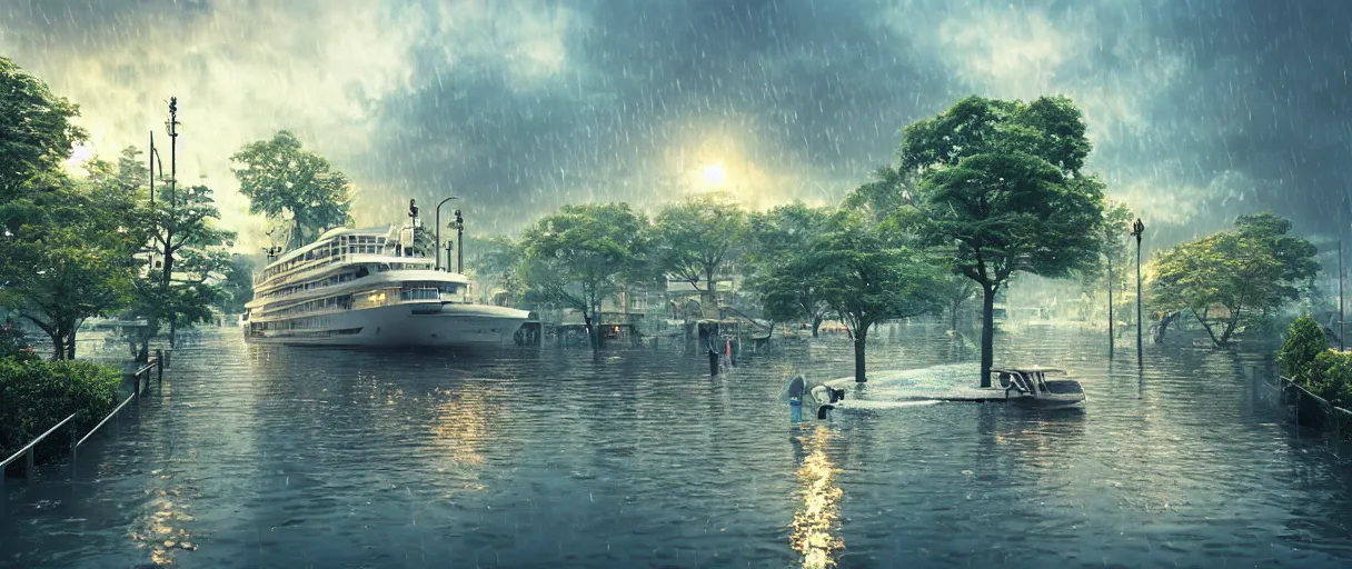 Image similar to cruising ship sailing at raining night at flooded miniature city, sun is on the rise on the town, cute style garden, octane render, trees, evergreen, patio, garden, wet atmosphere, tender, soft light misty yoshitaka amano, and artgerm