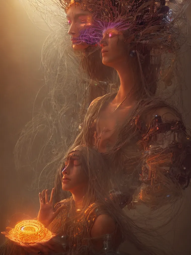 Image similar to an ancient mystical alluring female shaman generating flowing energy and surrounded by wisps of incense smoke sits meditating in a magical cybernetic robot temple, face face face, by ross tran and roberto ferri, 3 d, cinema 4 d render, trending on artstation