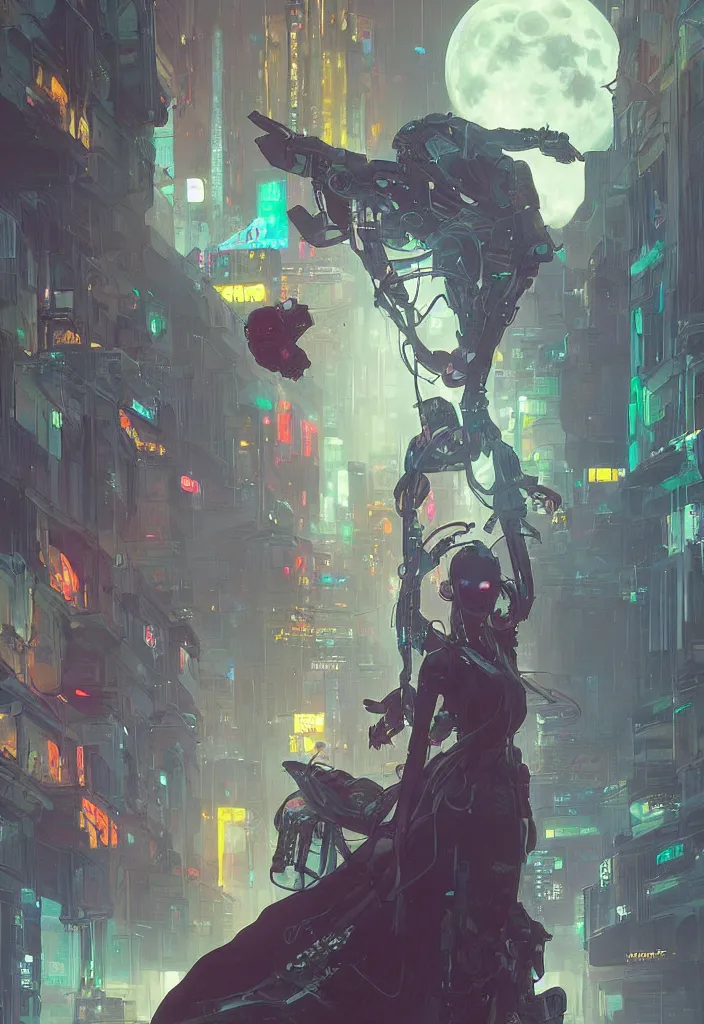 Prompt: an emotional concept painting of a cyberpunk android dancing in the moonlight, neon signs, empty city, large detailed moon, concept painting by Alphonse Mucha and Ross Tran and WLOP and Ruan Jia and Greg Rutkowski