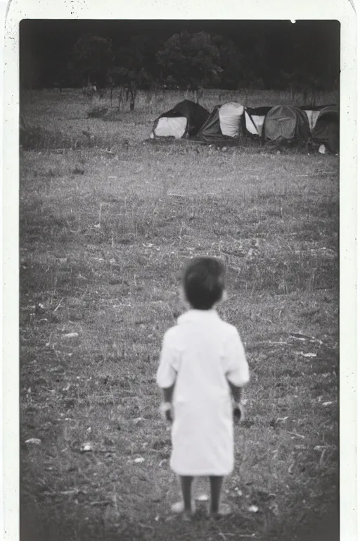 Image similar to photo polaroid of a sad and lonely child stands in the middle many tents of field hospitals, pandemic, covid,loneliness, black and white ,photorealistic, 35mm film,