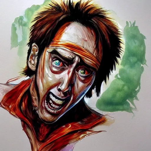 Prompt: nic cage as monkey d luffy, buff, painted portrait, highly detailed,