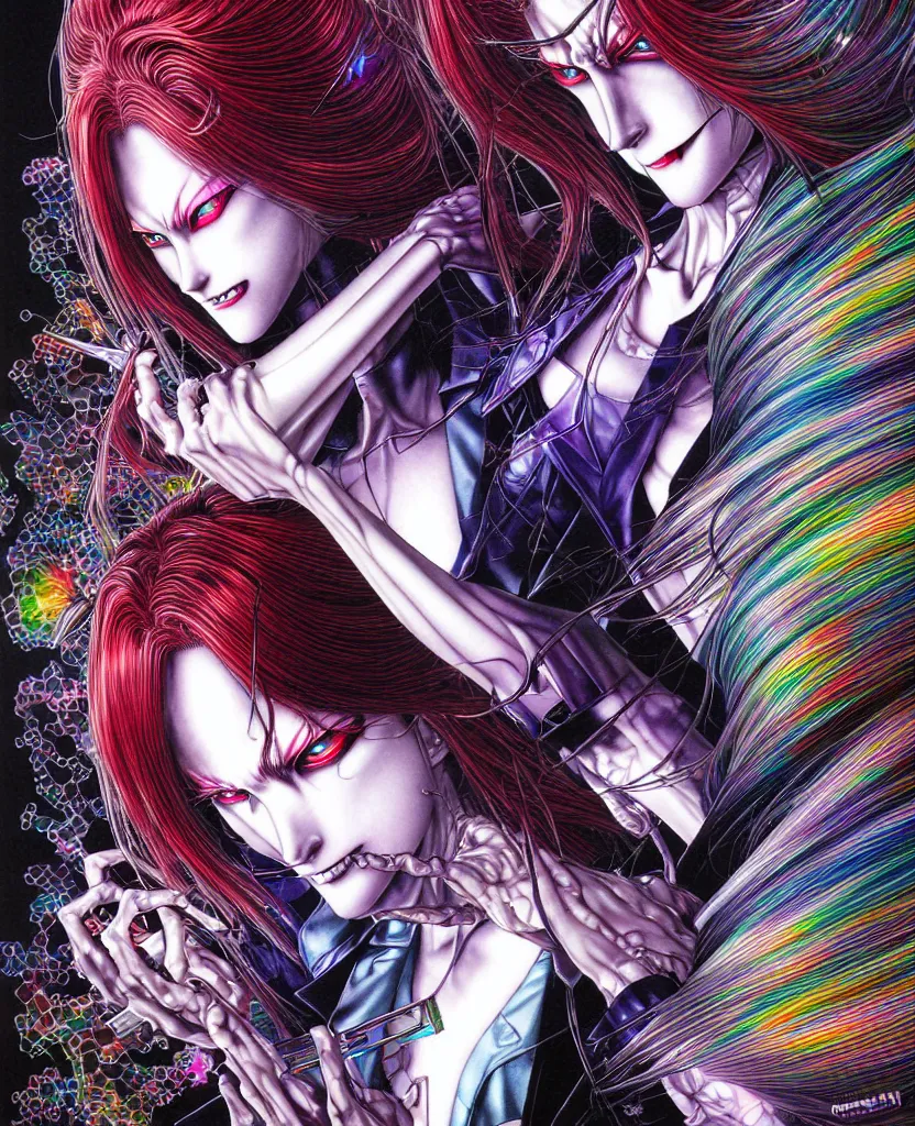 Image similar to realistic detailed image of ultra wrathful rainbow diamond nightmare scientist mega american psycho depth perception depth of field action horror masterpiece neo - gothic gothic rich deep colors art by yoshitaka amano by yukito kishiro by yoshiyuki sadamoto by artgerm by hajime sorayama