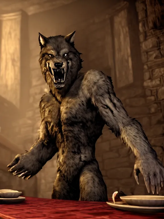 Image similar to cute handsome cuddly burly surly relaxed calm timid werewolf from van helsing sitting down at the breakfast table in the kitchen of a normal country home cooking having fun lighthearted whimsy whimsical baking strawberry tart cakes unreal engine hyperreallistic render 8k character concept art masterpiece screenshot from the video game the Elder Scrolls V: Skyrim