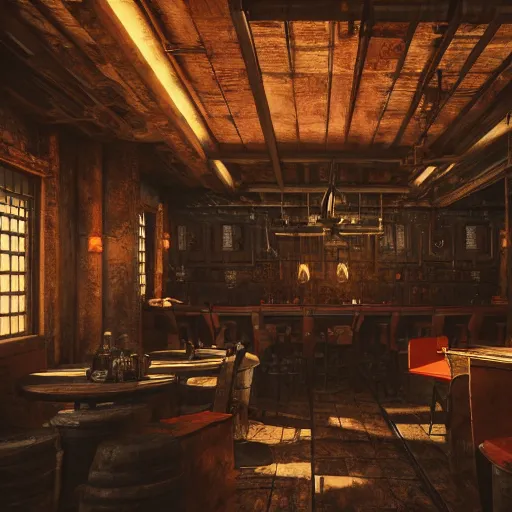 Image similar to ultra mega super hyper realistic Digital concept interior design of tavern in Cyberpunk style mixed with medieval style. More cyberpunk less medieval. Natural white sunlight from the transperient roof. Rendered in VRAY and DaVinci Resolve and MAXWELL and LUMION 3D, Volumetric natural light